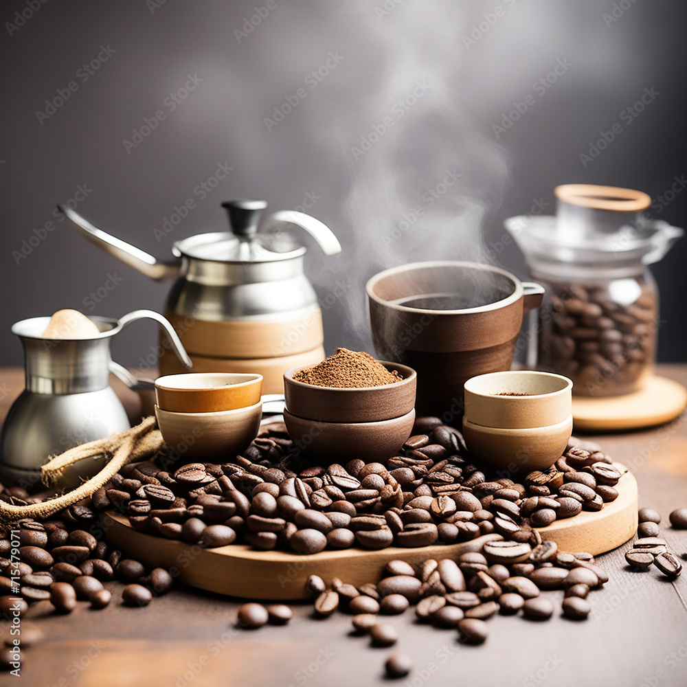 Obraz premium Coffee Beans with Props for the Perfect Cup of Coffee