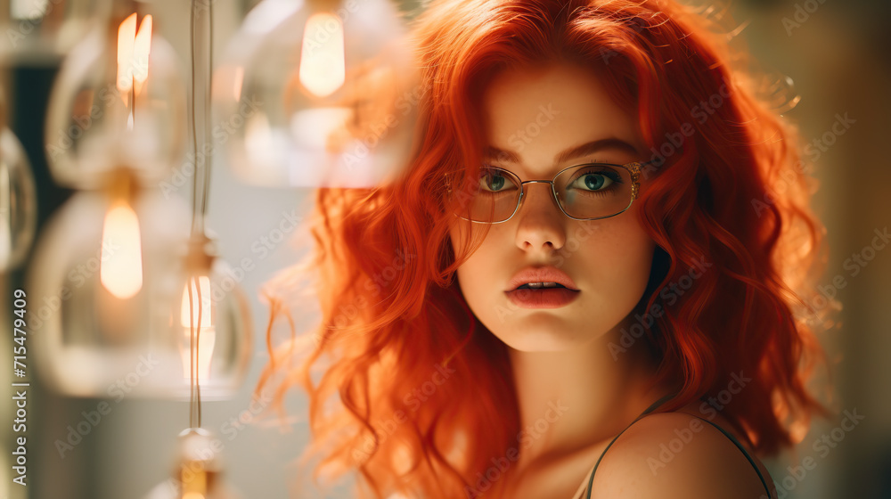 Vivid Orange-Haired Young Woman With Striking Blue Eyes in Soft Indoor Lighting Vivid Orange-Haired Young Woman With Striking Blue Eyes in Soft Indoor Lighting