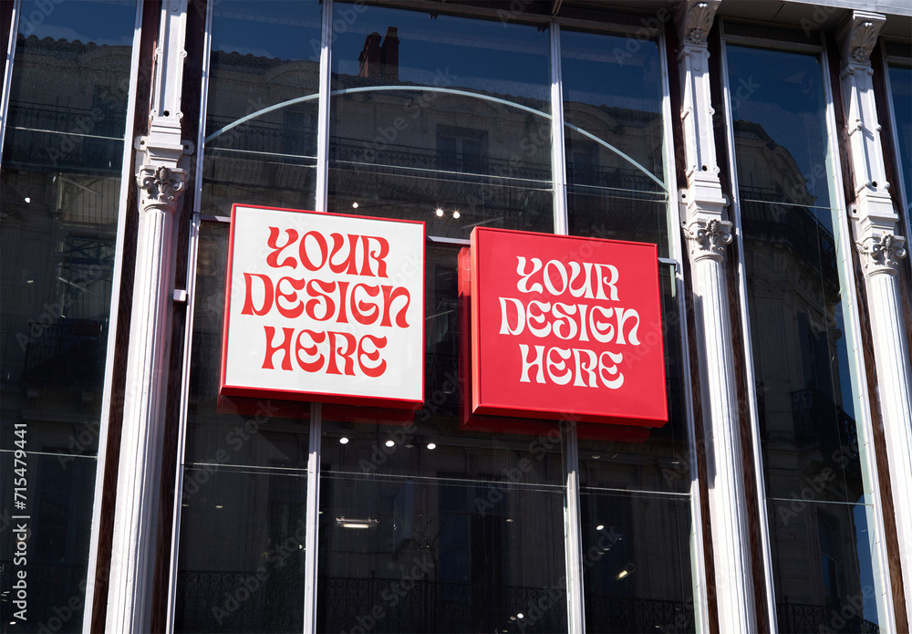 Mockup of two customizable signs on building exterior Stock Template ...