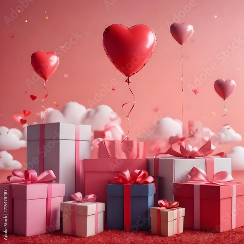 Gift boxes with heart balloon floating it the sky, Happy Valentine's Day. © muhammad yaseen