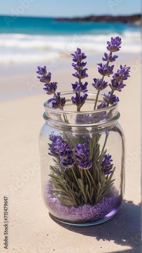 A Captivating Lavender Jar Amidst Beach Serenity AI GENERATED