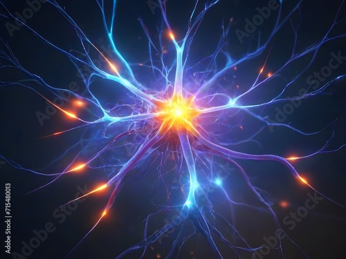 A vivid of 3D rendered illustrations of abstract Neuron cell system with glowing link knots in abstract dark space, high resolution ,close-up view