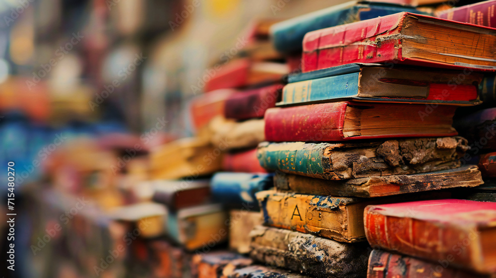 Fototapeta premium Vintage Book Market: A market scene with stacks of vintage books, showcasing a rich collection of literature