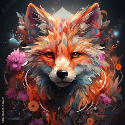 Fox with flowers Clipart on black background. Fox illustration Design, can be used for clothes, posters, pictures, puzzles.