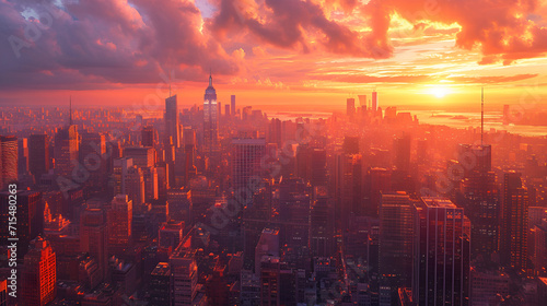 An expansive and detailed view of a bustling city skyline at sunset, rich orange and pink hues in the sky, generative ai photo