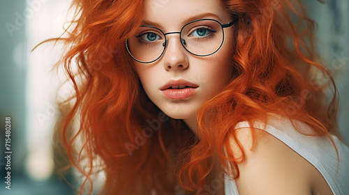 Vivid Orange-Haired Young Woman With Striking Blue Eyes in Soft Indoor Lighting 