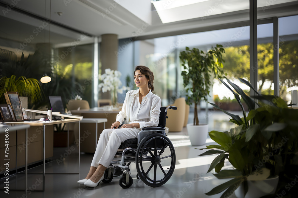 beautiful woman in a white suit on a wheelchair in the office beautiful woman in a white suit on a wheelchair in the office