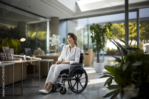 beautiful woman in a white suit on a wheelchair in the office
