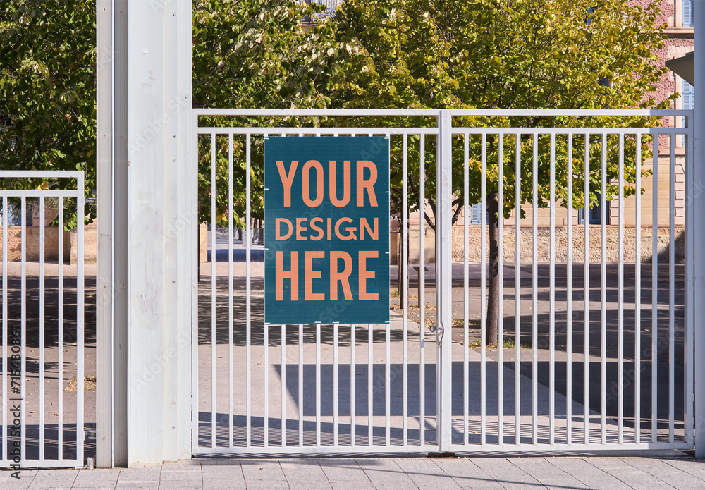 Mockup of customizable vertical sign on white railings Stock Template ...