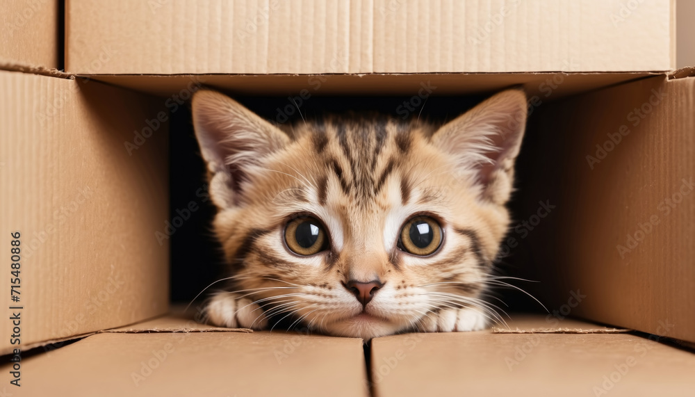 Cute Kitten head peeking over brown card box. AI generated Cute Kitten head peeking over brown card box. AI generated