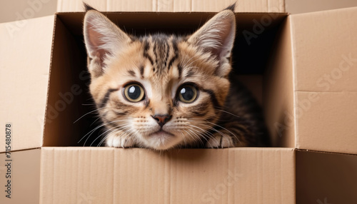Cute Kitten head peeking over brown card box. AI generated