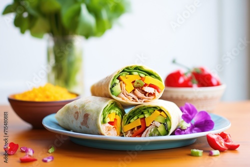 turkey avocado wrap, colorful peppers on the side