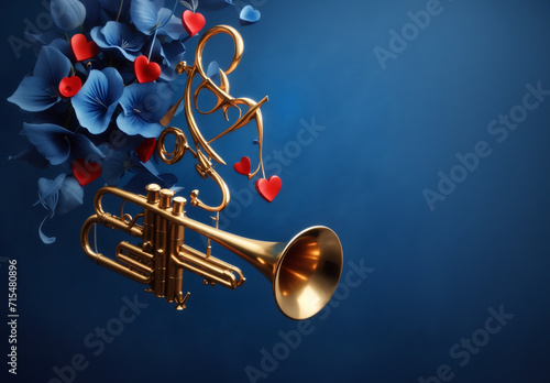 Gold trumpet with flying love symbols. photo