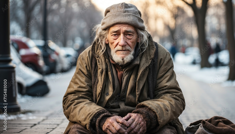 Homeless beggar sitting on ground in city. AI generated Homeless beggar sitting on ground in city. AI generated