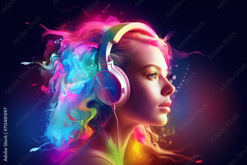 Fototapeta premium Girl with headphones with colorful painted 3D vivid hair on a dark color background. An illustration of auditory hallucinations or enjoyment of music. Mental health concept, Synesthesia. Generative AI