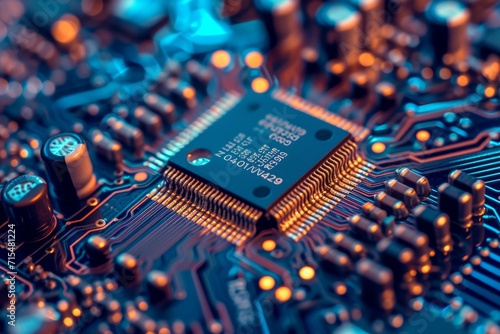close-up view of a circuit board with a prominent microchip at the center photo
