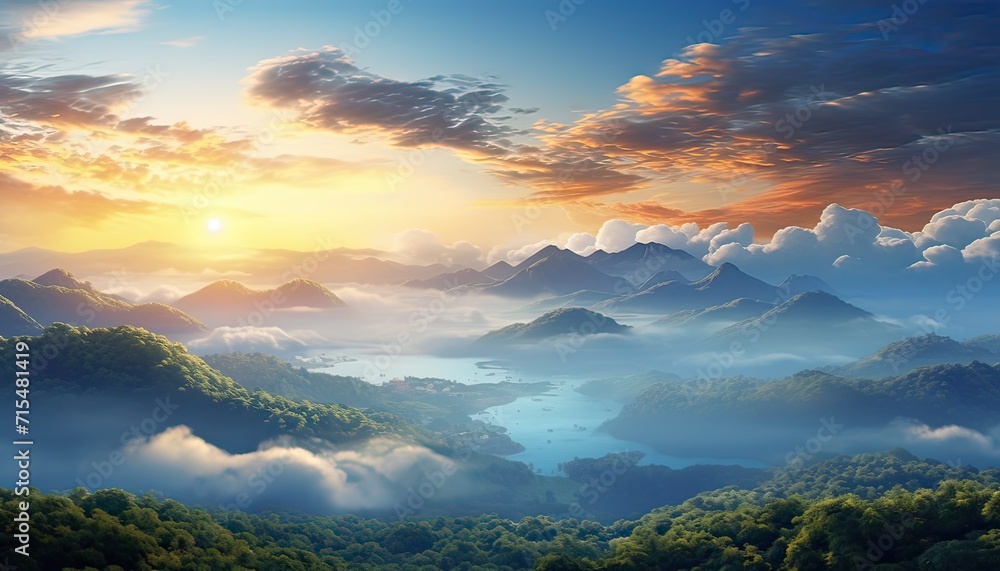 View of the sea of clouds from the top of the mountain peak. Tropical rainforest with vibrant morning reflection of the sunrise. View of the sea of clouds from the top of the mountain peak. Tropical rainforest with vibrant morning reflection of the sunrise.