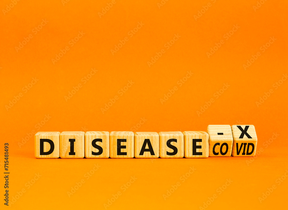 Disease X after covid symbol. Turned cubes and changed the word Disease COVID to Disease X. Beautiful orange table orange background. Medical, Disease X after covid concept. Copy space. Disease X after covid symbol. Turned cubes and changed the word Disease COVID to Disease X. Beautiful orange table orange background. Medical, Disease X after covid concept. Copy space.