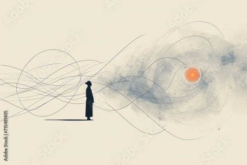 Silhouette of a woman in a long dress on abstract background, copy space. A minimalist image featuring a quantum physicist surrounded by abstract tachyon trail