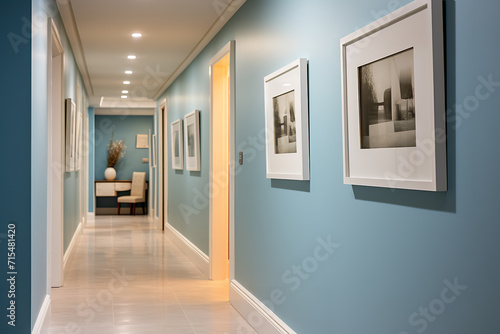 Osteopathy clinic hallway - characterized by calming blue walls and framed certificates - presenting a clean and professional appearance.