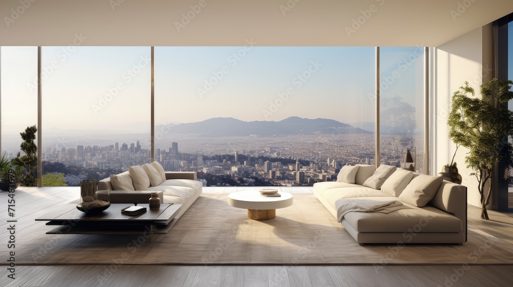 Fototapeta premium Spacious Living Room Overlooking Cityscape