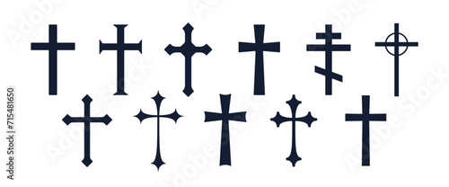 Collection christian religious cross. Set symbol religion cross on white background. Black icon prayer cross sign, religious symbol, stars christian faith. Vector Illustration © foxysgraphic