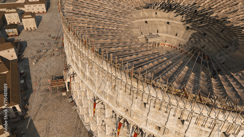 roman colosseum scientific 3D reconstruction with animated detail of the velarium, roman forum and marketplace , flightover and birdsview of the city of rome photo