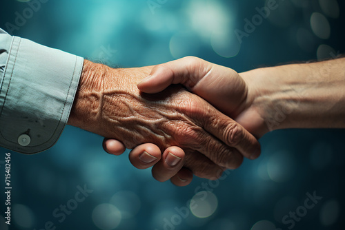 handshake of elderly and young man on blurred blue background