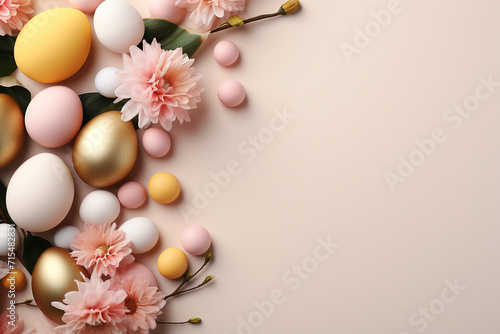 spring background with colorful Easter eggs, flowers and confers in Peach Fuzz colors, pink, yellow. Postcard concept with empty space for your text