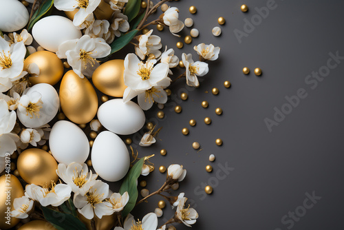 Easter background, on a dark gray background lie white and gold Easter eggs, daffodils, first spring flowers
