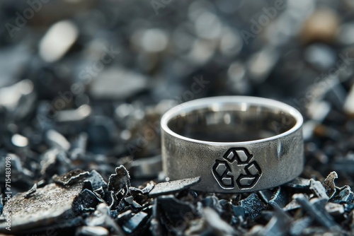 gold ring resting with recycle symbol