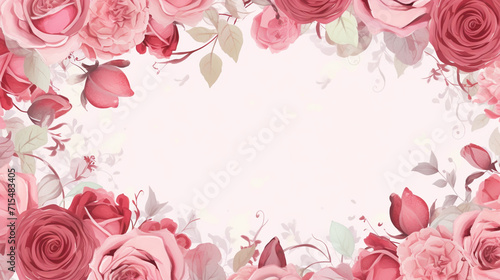 Banner with frame made of rose flowers and green leaves on a pink background. Springtime composition with copyspace.
