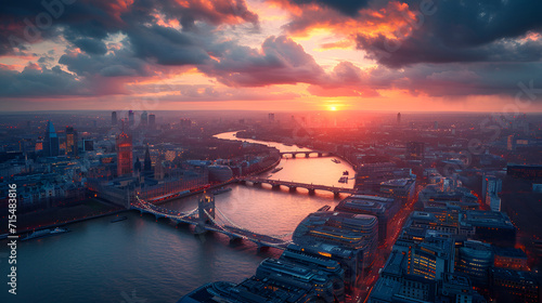 Aerial view of the Tower Bridge in London. One of London's most famous bridges and must-see landmarks in London. Beautiful panorama of London Tower Bridge. generative ai
