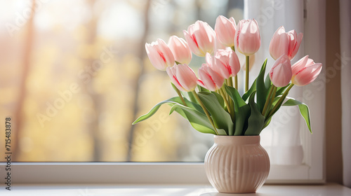 White tulips in a vase. Valentine's flower bouquet. Flowers near the window. Tulips. © alexkich
