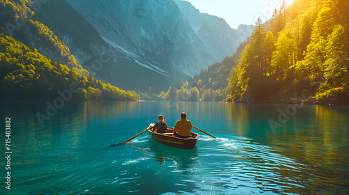 Adventurous traveling couple rowing a boat on a perfect scenic lake in a beautiful national park. generative ai