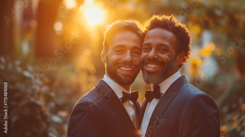 Two gay men getting married Happily hugging each other photo