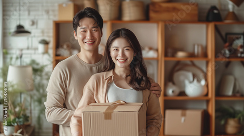 Couple, man and woman, pregnant woman First day of moving into the house background of many large boxes © BB_Stock