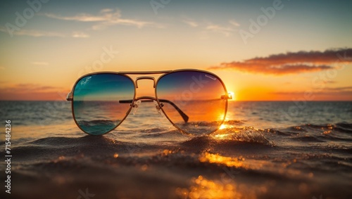 Aviator sunglasses reflecting a vibrant sunset over the ocean horizon Generative AI