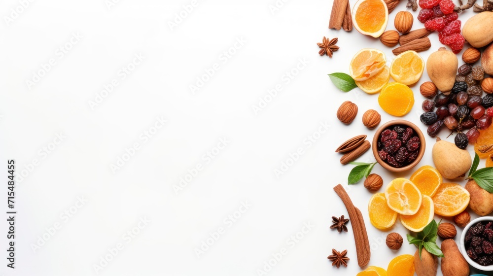 Ramadan Background - Collection of Ramadan Fruits and Nuts on white background, flat lay. copy space - generative ai