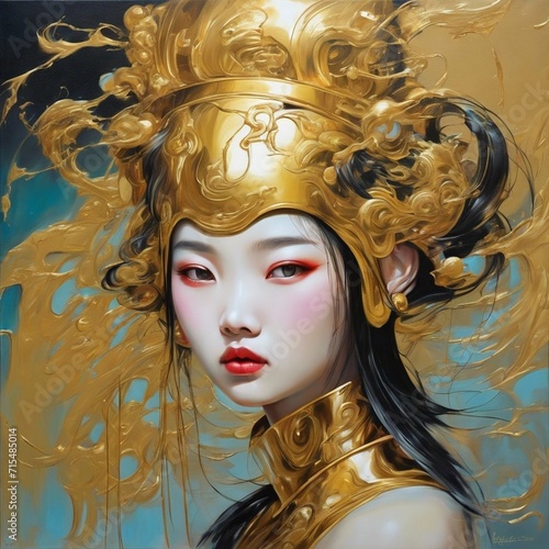 golden girl portrait, chinese fashion model