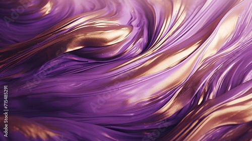 Captivating macro fusion: swirling gold metallic paint and deep lavender liquid create mesmerizing abstract background