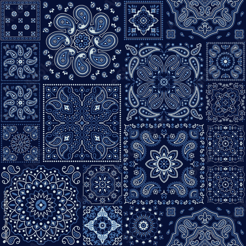 Paisley cashmere bandana fabric patchwork wallpaper vintage vector seamless pattern for scarf kerchief shirt fabric carpet rug tablecloth pillow photo