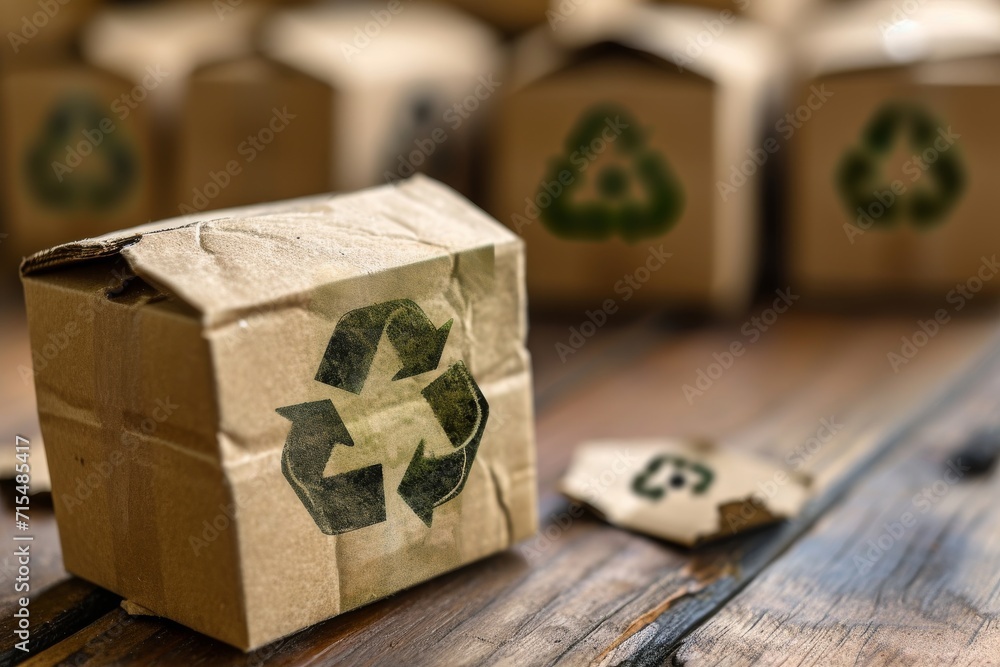 Obraz premium close-up view of a small torn cardboard box with a green recycling symbol printed on it