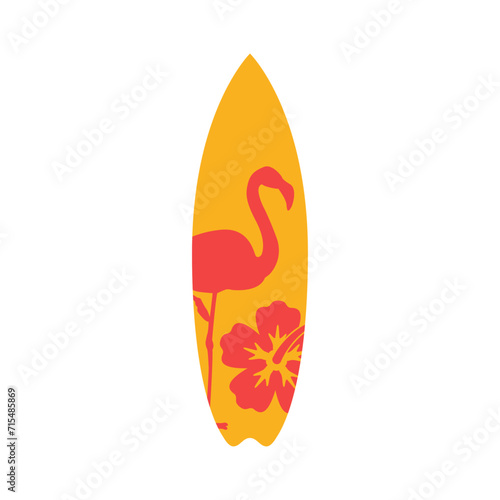 Logo club de surf. Silueta de flamingo de pie y flor de hibisco en tabla de surf