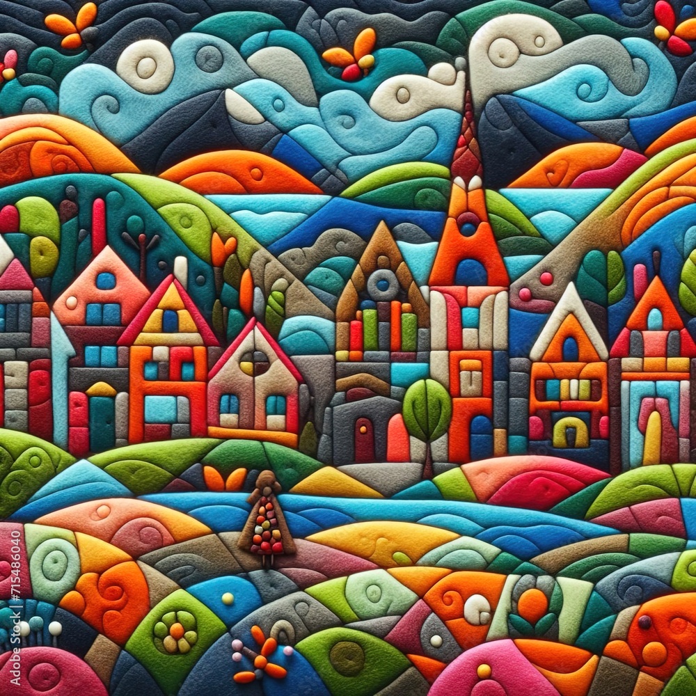 Vintage Urban landscape with rolling hills against cloudy sky. Illustration in a style of felt art patchwork.