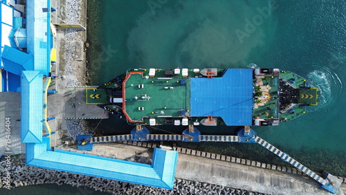 Aerial View of a Ferry Boat Anchored at Gorontalo Harbor in the Morning