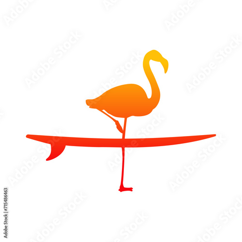 Logo club de surf. Silueta de flamingo de pie sobre tabla de surf 