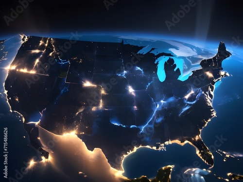 America at night viewed from space with city lights showing activity in United States. Technology, global communication, world. USA. Created with Generative AI technology