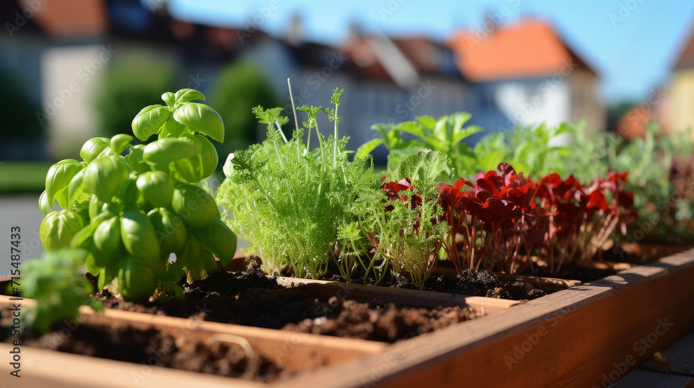 A variety of herbs are grown on the city balcony. Urban balcony garden A variety of herbs are grown on the city balcony. Urban balcony garden