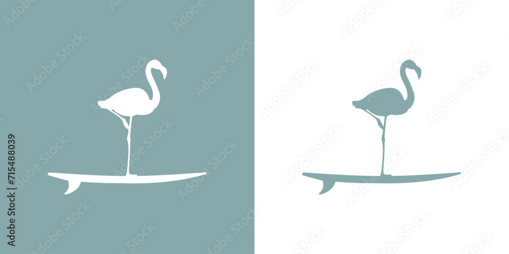 Logo club de surf. Silueta de flamingo de pie en tabla de surf	 - obrazy, fototapety, plakaty 